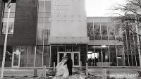 Bride and Groom outside of Gorecki Alumni Center