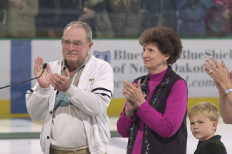 Ralph and Betty Engelstad pictured on the ice in the Ralph