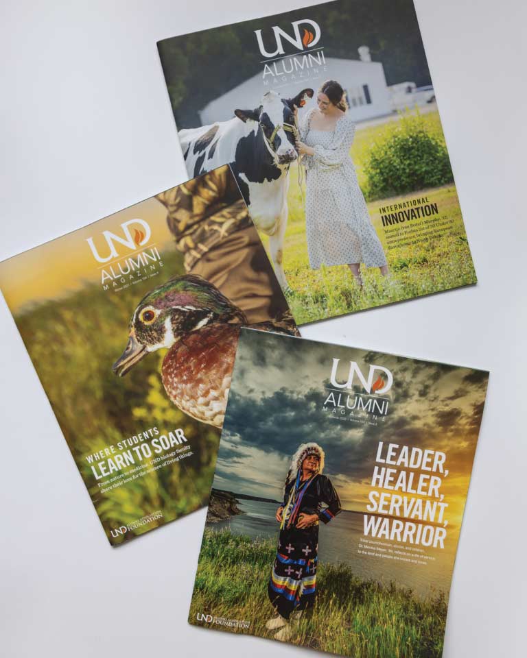 A collage of UND alumni Magazine Covers