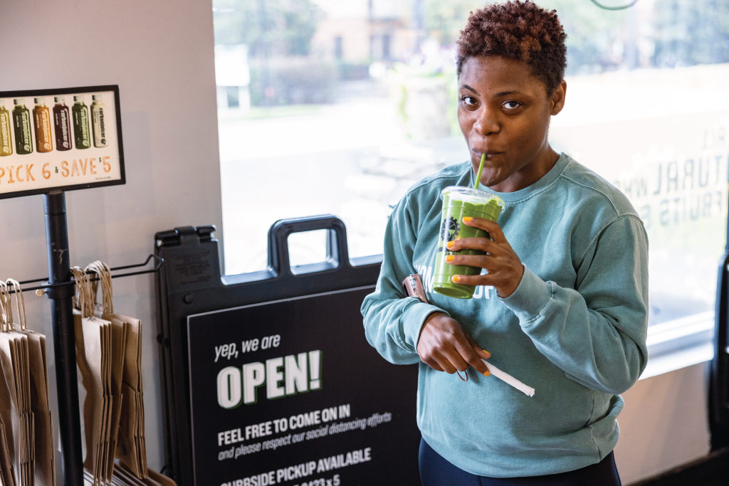 A customer drinking juice