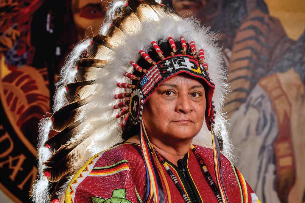 Monica Mayer in her tradiational Native American Regalia