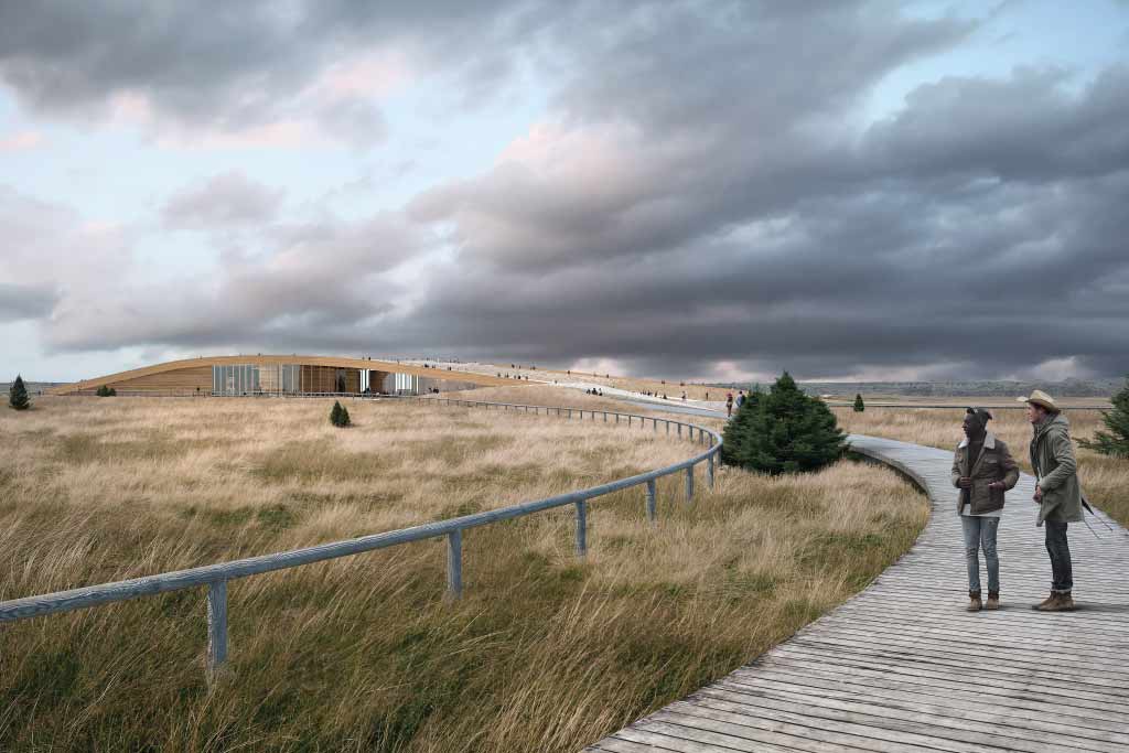 rendering of library with long grass all around