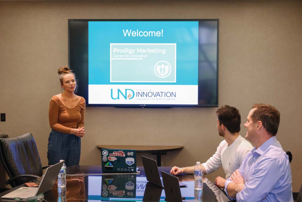 UND student gives presentation for Prodigy Marketing